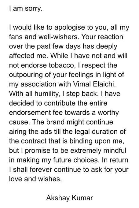 i would like to apologise to you all my fans and well wishers. Akshay kumar